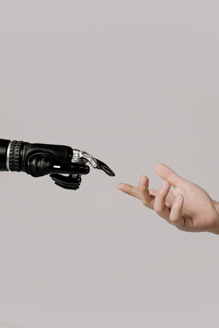 hand of a person and a bionic hand